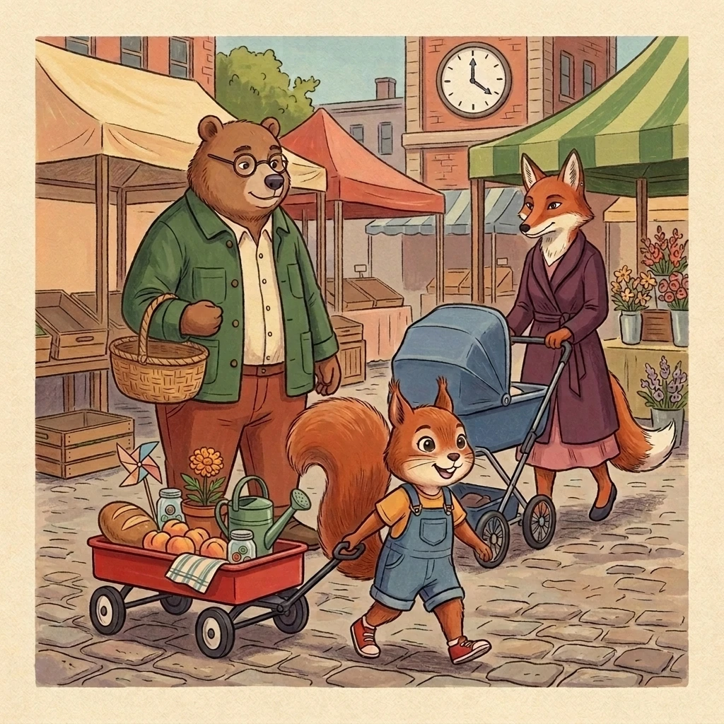 Aurelia Squirrel pulls a bright red wagon through a warm neighborhood market while Nick Bear follows and Dena Fox approaches with a covered baby carriage.