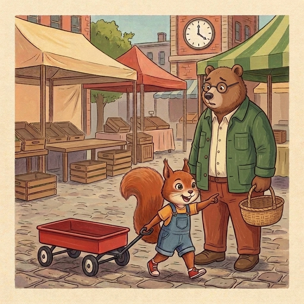 Aurelia points eagerly across a bustling market while Nick stands beside an empty red wagon.