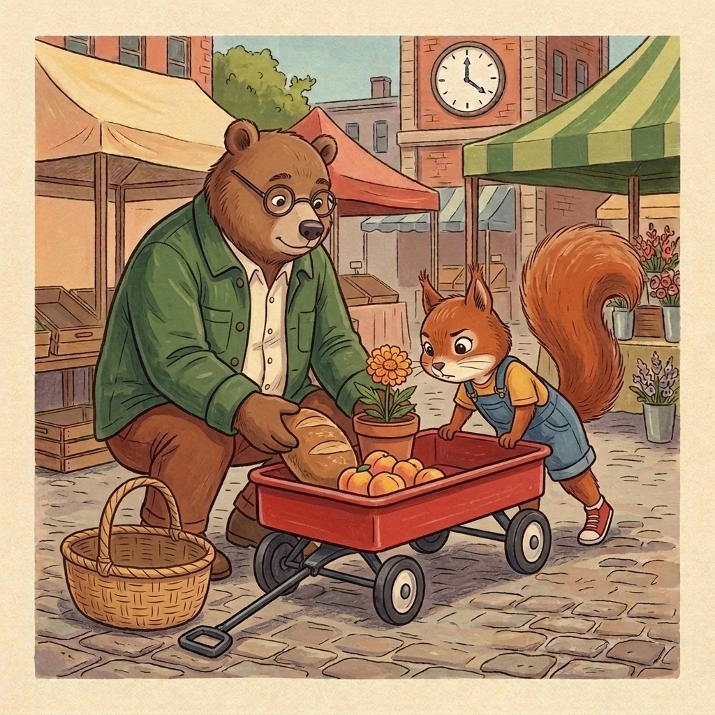 Nick carefully arranges bread, peaches, and a potted marigold in the red wagon while Aurelia studies the remaining space.