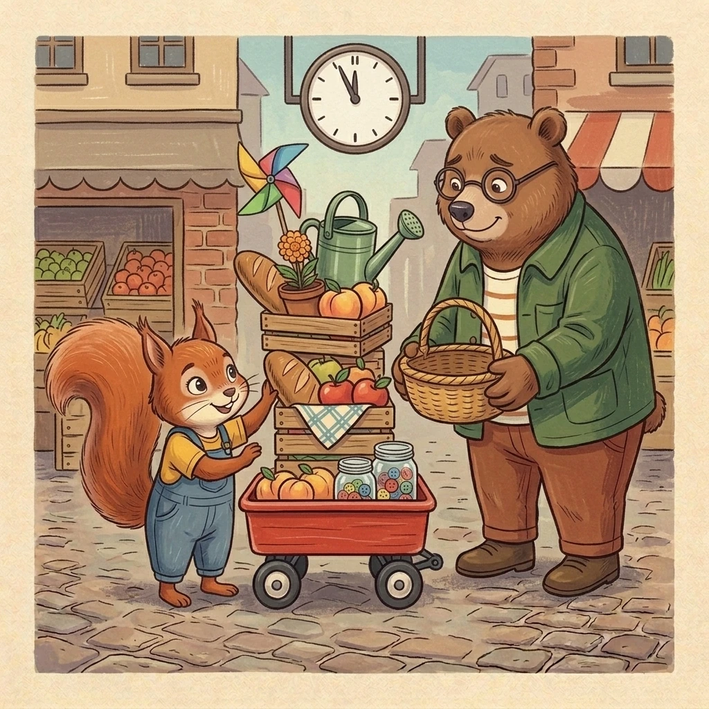 Nick offers an open basket while Aurelia builds the wagon’s contents into an even taller stack beneath the market clock.