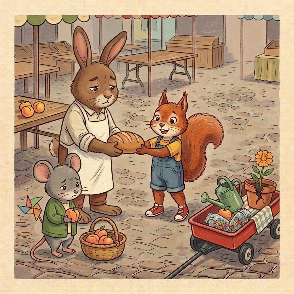 Aurelia returns the loaf to the rabbit baker and gathers peaches in his spare basket while leaving the pinwheel with a little mouse.