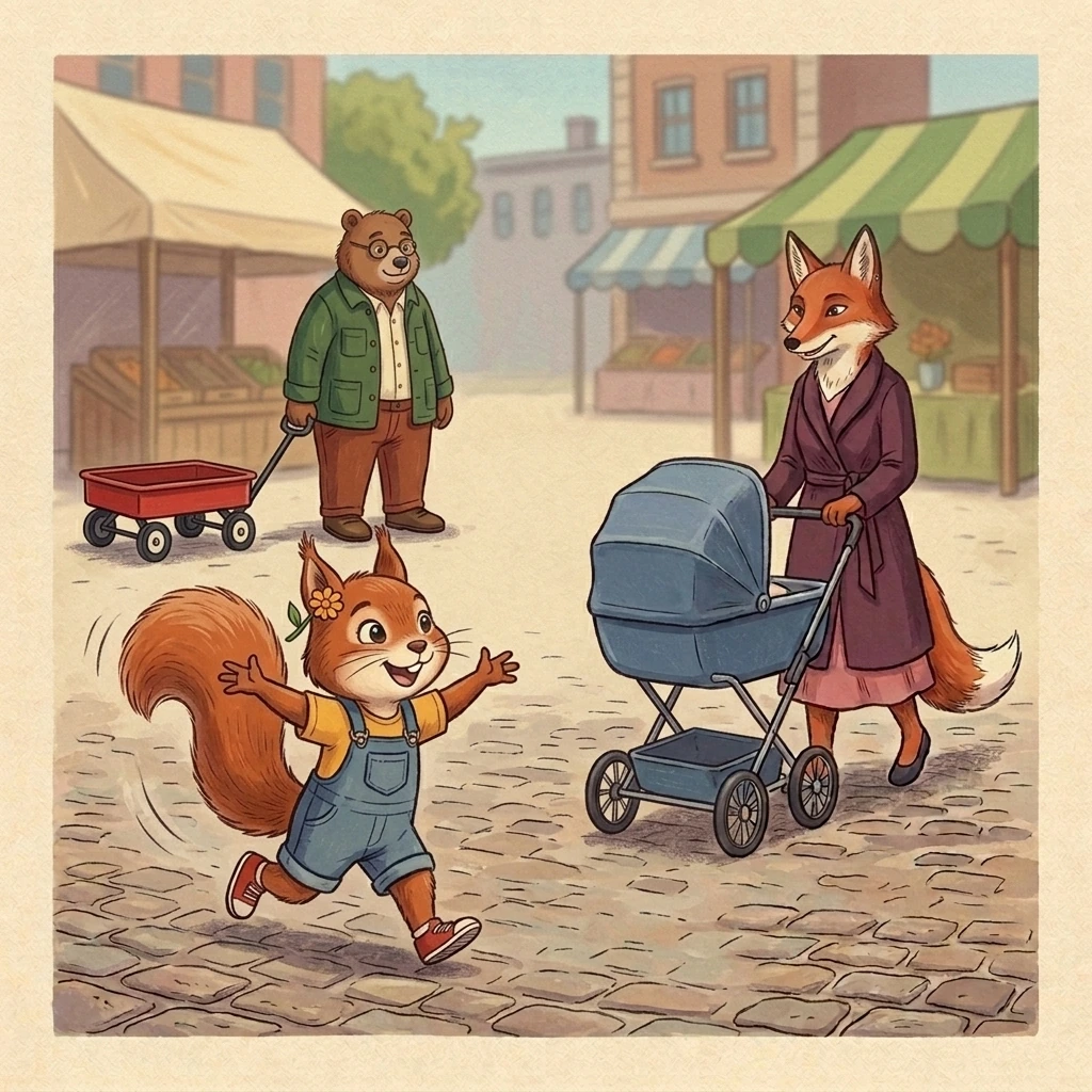 Aurelia runs through the market with a bent marigold behind her ear while Nick holds the empty red wagon.