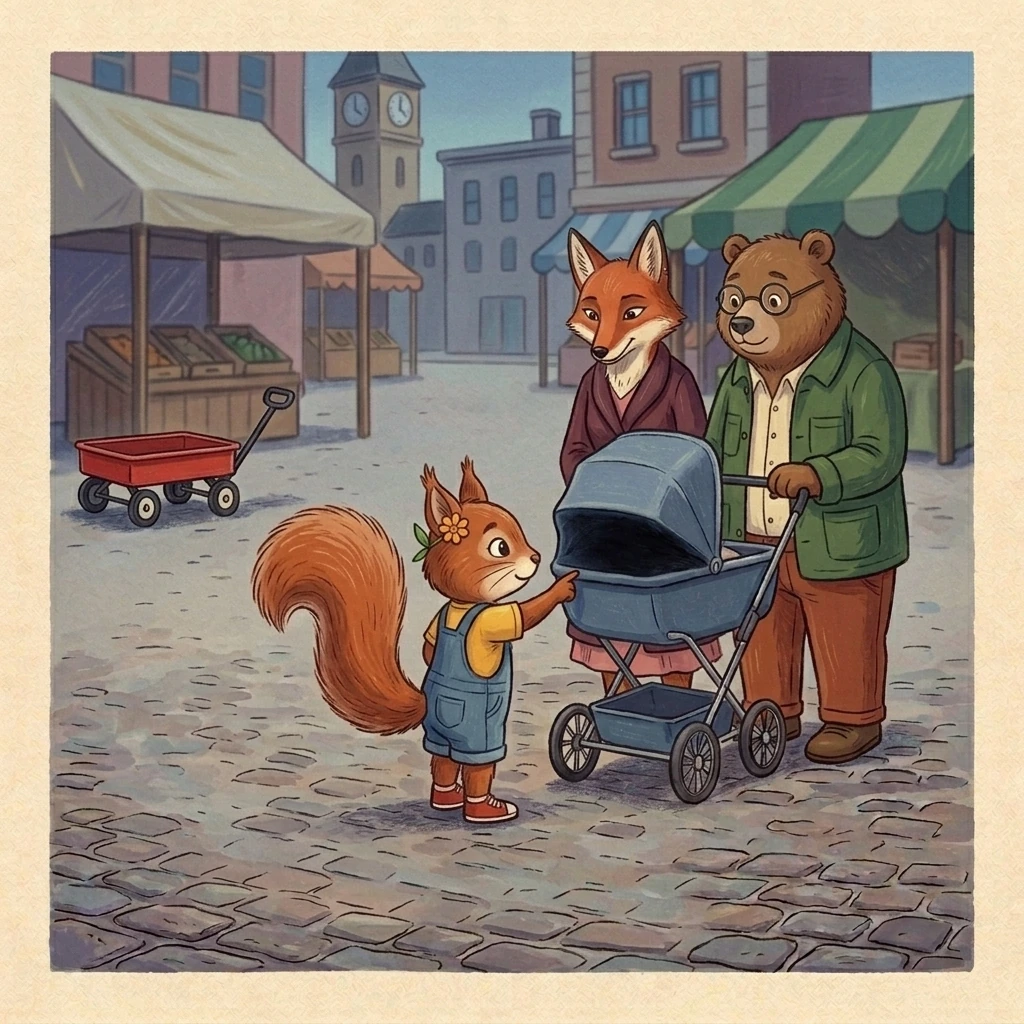 Aurelia reaches one finger beneath the blue carriage hood while Dena and Nick stand beside her and the empty red wagon waits behind them; Baby Cosmo remains unseen.